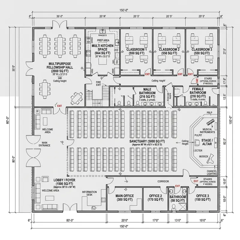 Custom Church Floor Plan Design for Steel Building Custom Church Floor Plan Design for Steel Building
