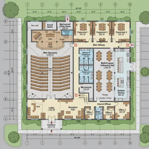 Church Architectural Layout: 80x150 Steel Building Design