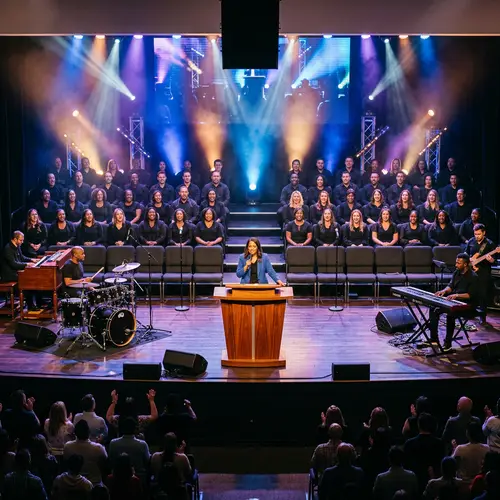 Vibrant 500 Sq Ft Stage Setup with 60 Chairs & Pulpit
