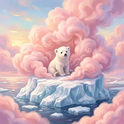 Small White Polar Bear on Iceberg in Pink Clouds
