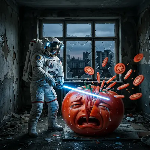 Astronaut Slicing Tomato with Lightsaber in Dark Room