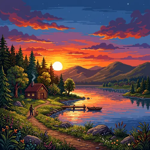 Pixel Art Sunset Landscape Scene