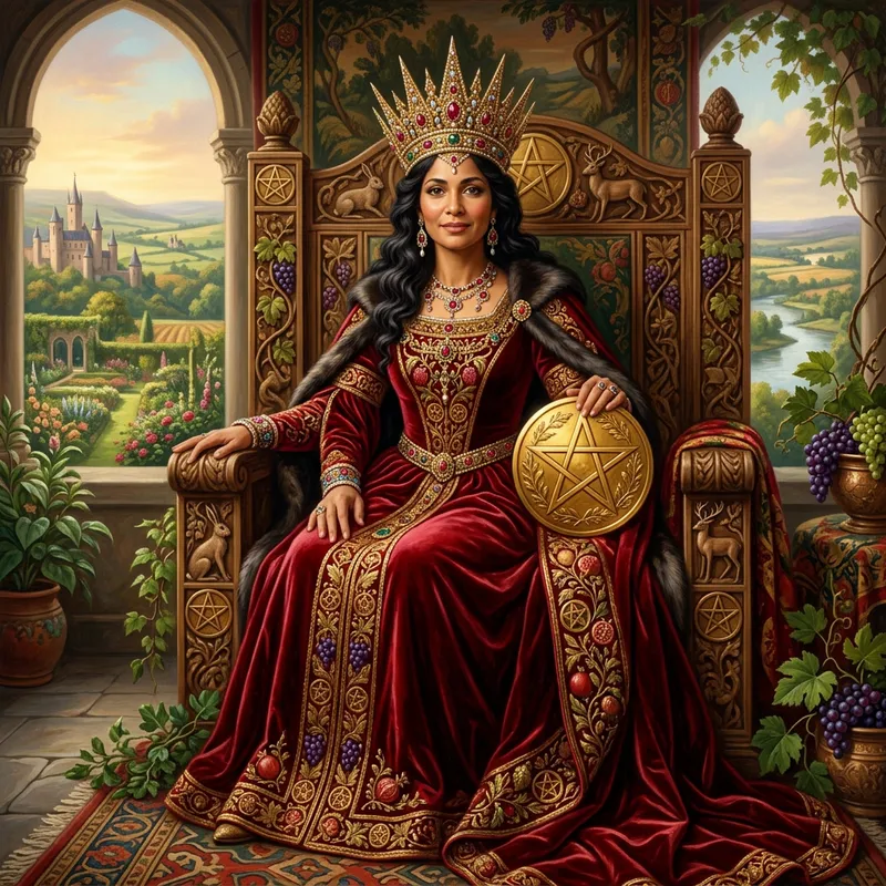 Regal Queen of Pentacles: A Stunning Tarot Artwork