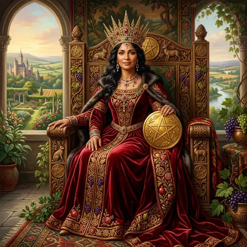 Regal Queen of Pentacles: A Stunning Tarot Artwork