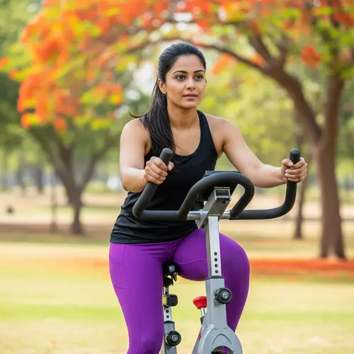 Indian Woman Training on Exercise Bike in Park