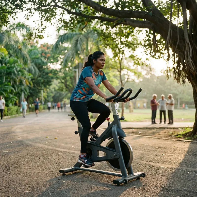 Indian Woman Training on Exercise Bike in Park