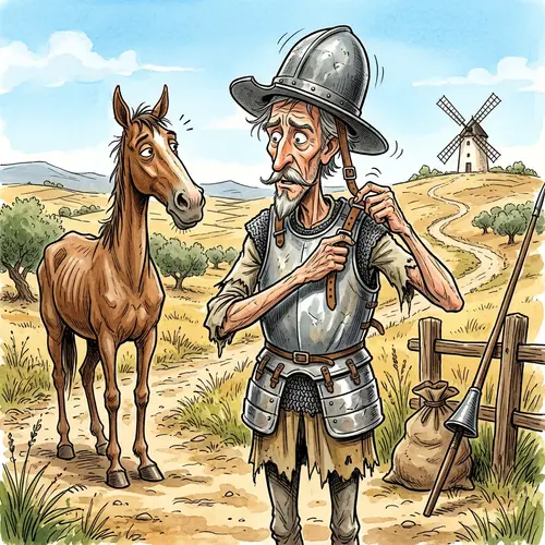 Caricature of Don Quijote Adjusting Armor
