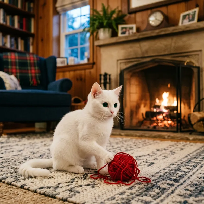 Adorable Cat Playing with Red Wool Ball