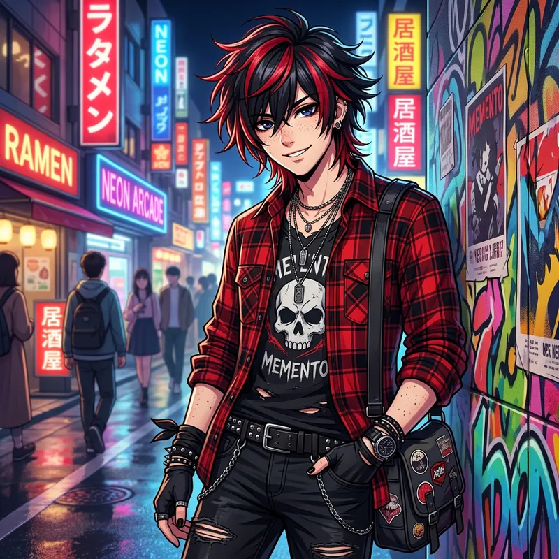 Anime-Style Male Character with Red and Black Hair: Visual Description Anime-Style Male Character with Red and Black Hair: Visual Description