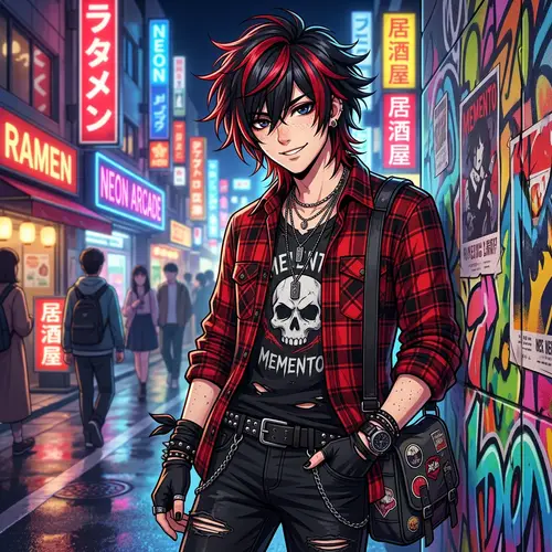 Anime-Style Male Character with Black and Red Hair