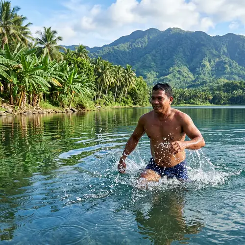 Filipino Man Treading Tranquil Lake with Vibrant Nature Scene