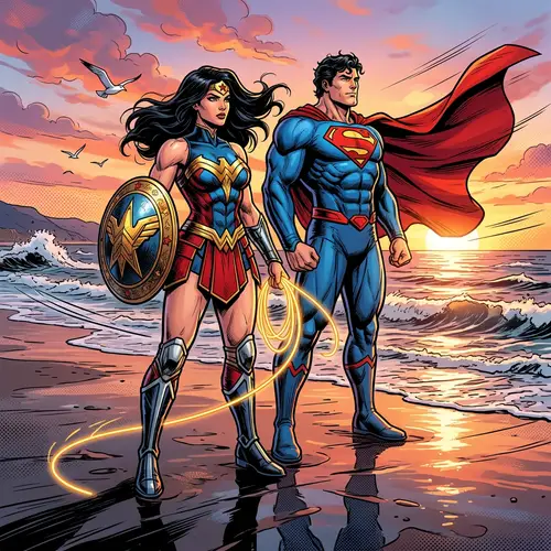 Female Superhero at Beach with Male Superhero in Comics Style