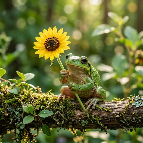 Adorable Frog Holding Sunflower