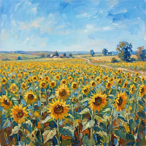 Impressionist Sunflower Field Art | Tranquil Landscape Painting