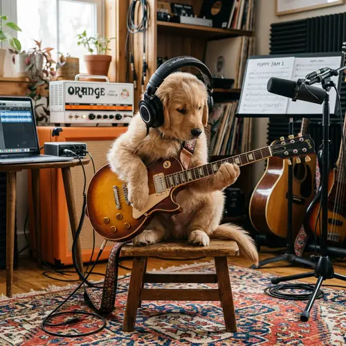 Cute Puppy Playing Guitar and Listening to Music