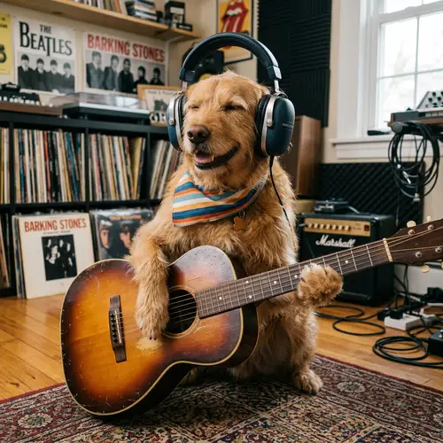 Adorable Dog Listening to Music and Playing Guitar