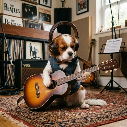Charming Dog Musician: Guitar Strumming & Headphone Listening