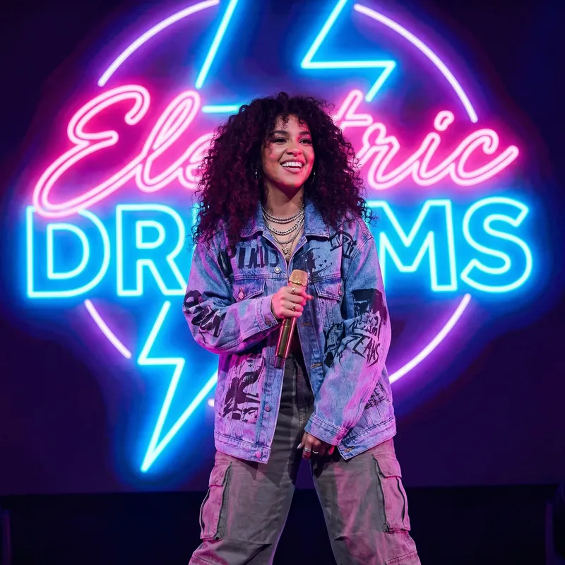 Doja Cat - Bold Pop Star in Fashionable Streetwear | Curly Hair & Neon Sign Aura