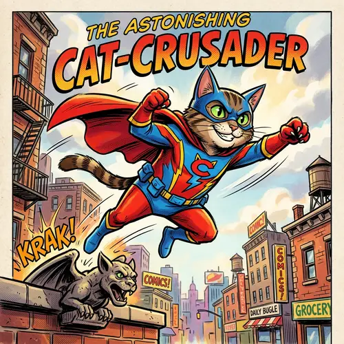 Playful Superhero Cat Illustration | Comic Book Style Art