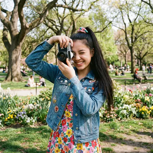 Cheerful Teen Girl with Vintage Camera in Sunny Park