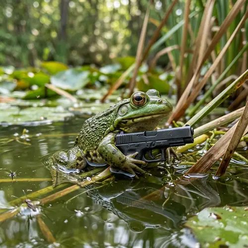 Frog in Water with Gun: Unique Wildlife Art