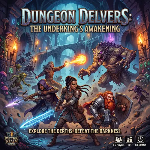 Fantasy Game Box Cover with Brave Heroes and Terrifying Creatures