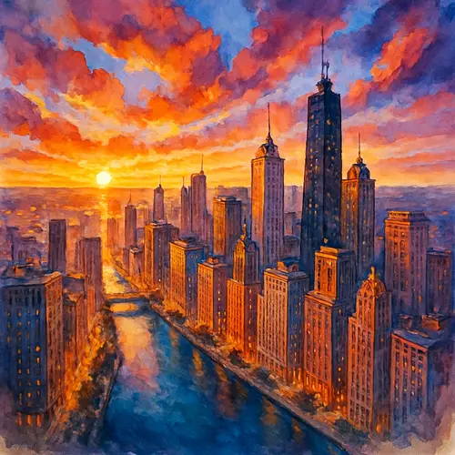 Vibrant City Skyline at Sunset in Watercolors