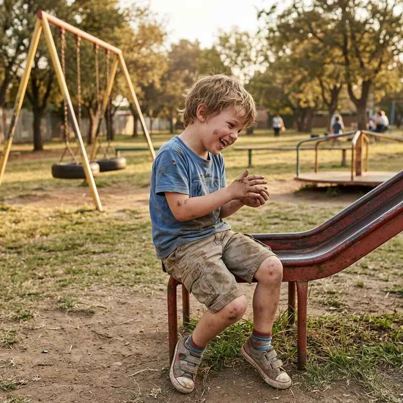Bruised Little Boy in Tattered Clothes Playing Outdoors