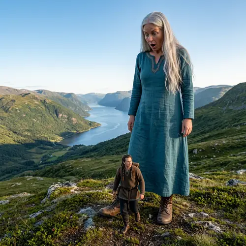 Colossal Nordic Giantess and Tiny Human Figure Sculpture