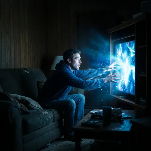 Surreal Scene: Man Pulled into Glowing TV Light