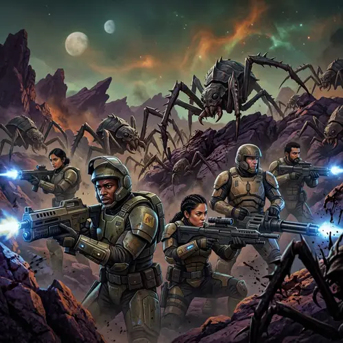 Futuristic Troopers Battle Giant Arachnids on Hostile Planet