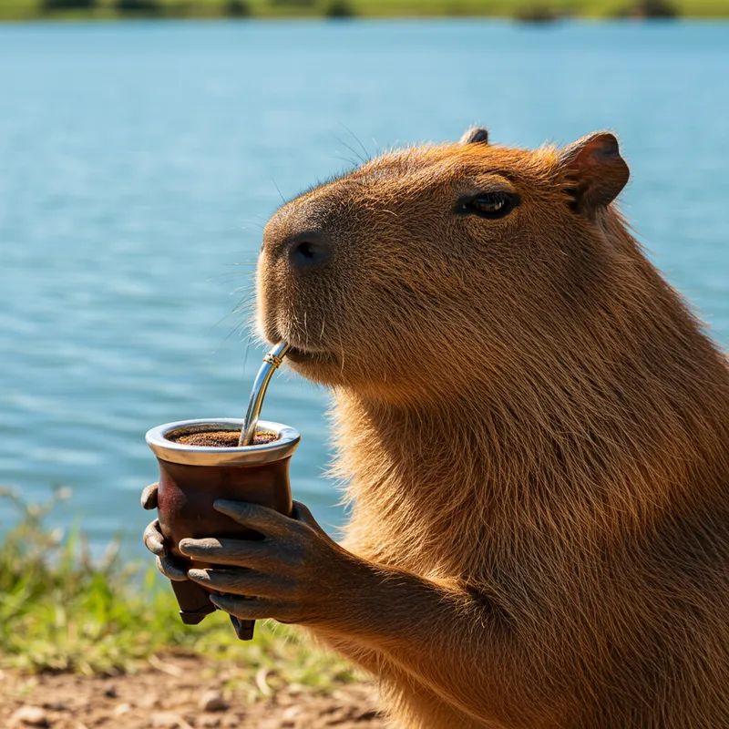 Adorable Female Capybara Enjoying Mate Drink