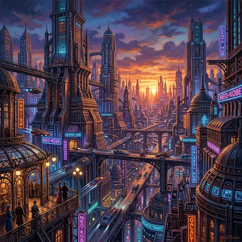 Futuristic Cityscape at Sunset - Cyberpunk Urban Panorama