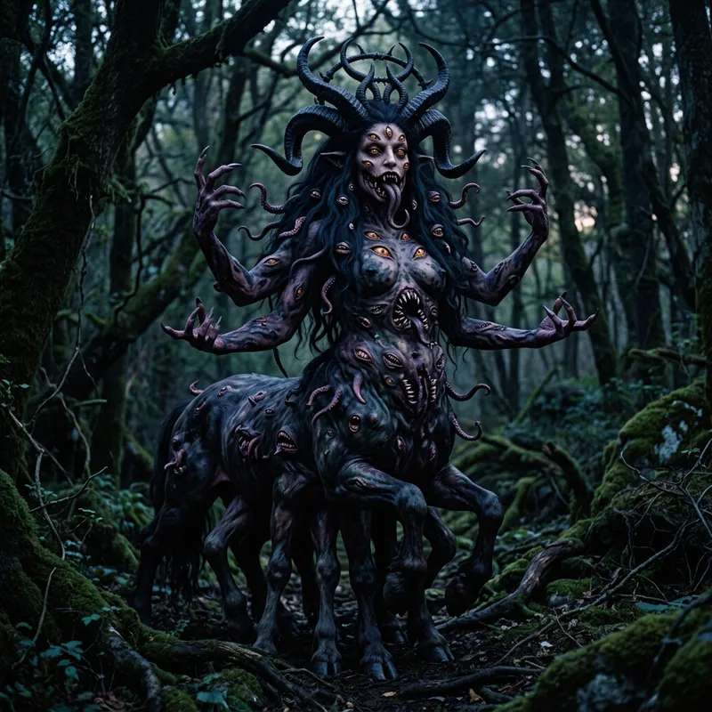 Powerful Female Centaur in Dark Forest: Haunting Figure of Beauty and Mystery