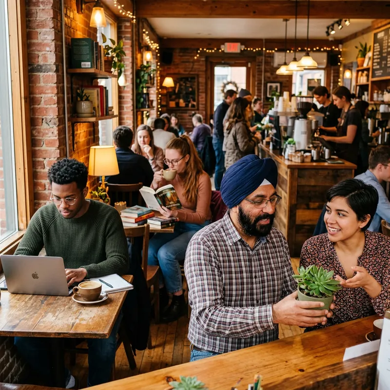 Vibrant Chat Scenes at a Rustic Coffee Shop