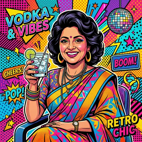 Vibrant Retro Pop Art: South Asian Woman with Vodka