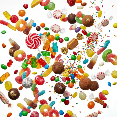 Vibrant Flying Candies in Ultra-Realistic Detail