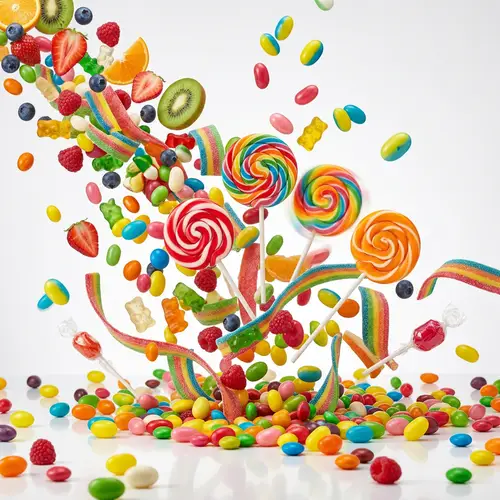 Vibrant Candy and Fruit Arrangement in Motion