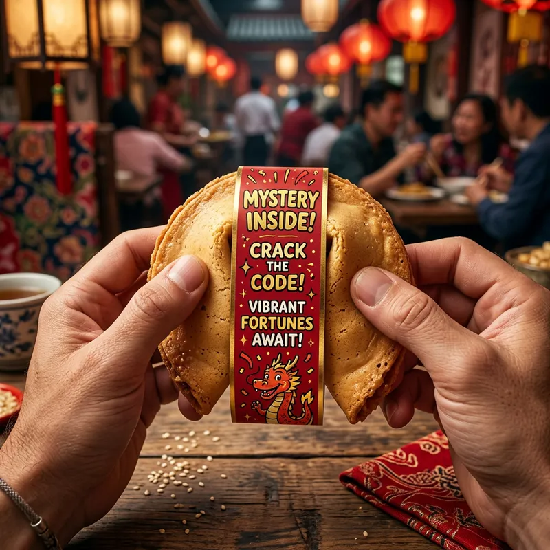 Vibrant Oriental Fortune Cookie with Comic-Style Label
