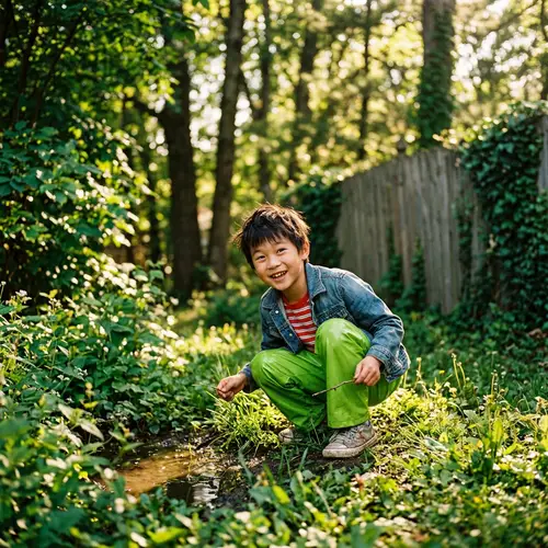 Playful Ten-Year-Old Boy in Vibrant Plastic Pants | Outdoor Portrait