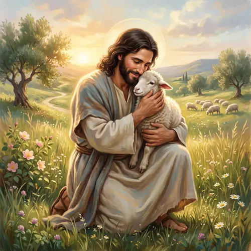 Jesus the Good Shepherd in a Sunny Meadow