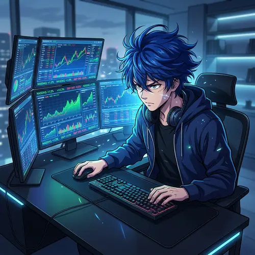 Anime-Styled Man Trading Indices with Blue Hair
