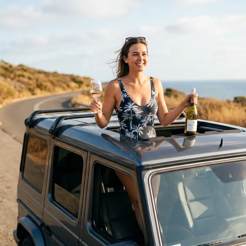 Girl in Bathing Suit Enjoying Wine in Gelendvagen