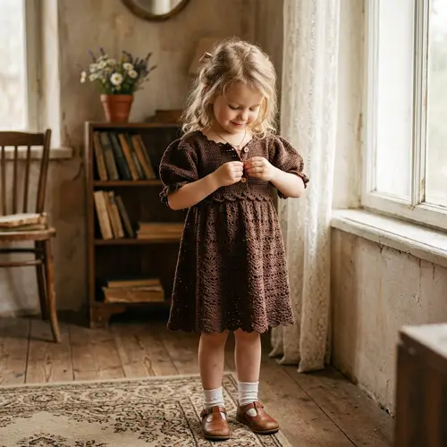 Innocence Captured in a Chocolate Brown Crocheted Dress | Portrait Photography