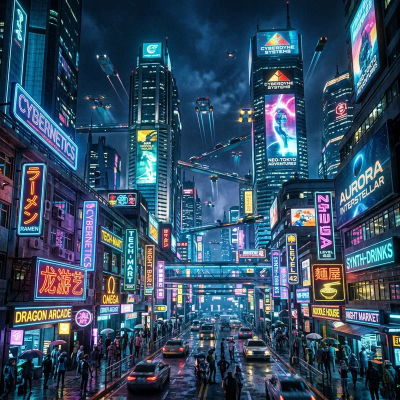 Futuristic Neon Light Signs: Vibrant Cityscape