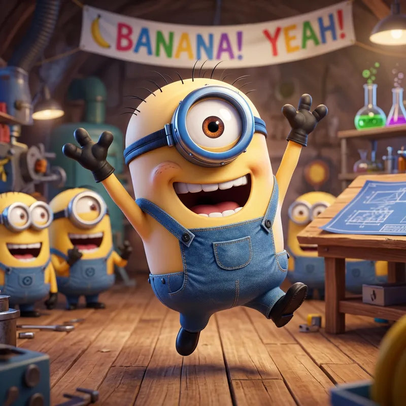 Playful Minion: Friendly Carton Character in Blue Overalls