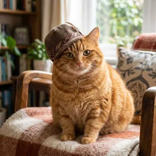 Adorable Orange Cat in Jaunty Hat Radiating Warmth