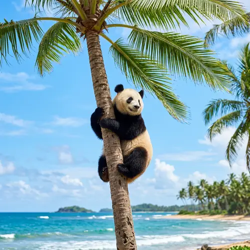 Relaxed Panda on Palm Tree - Nature's Unexpected Scene