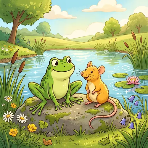 Green Frog and Tan Rat Illustration | Friendly Scene Near Pond