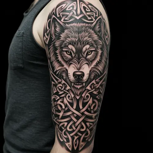 Nordic Warrior Sleeve Tattoo - Wolf & Knot Design